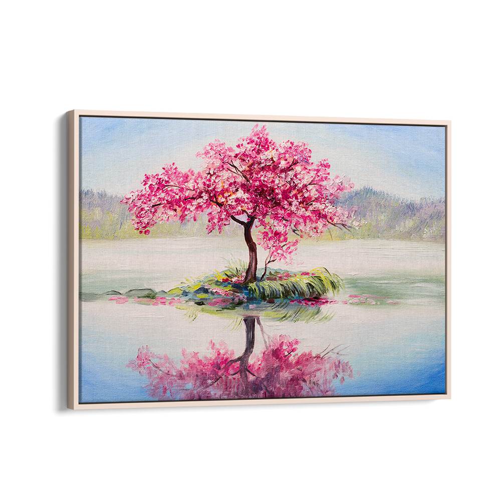 Vibrant pink tree reflections in serene water, showcasing PINK REFLECTIONS, VINTAGE EUROPEAN PAINTINGS collection.