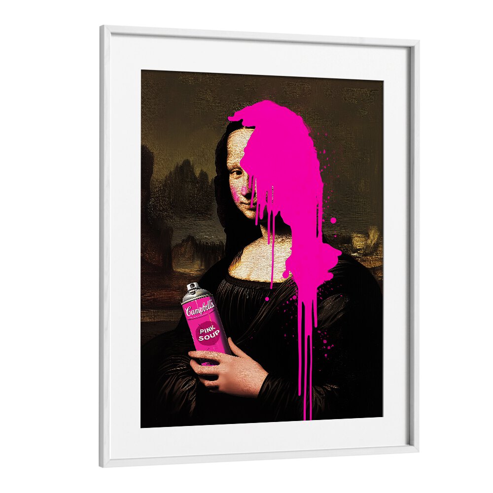 Vibrant PINK SOUP, POP ART PAINTINGS in a chic white frame, perfect for elevating any room's decor.
