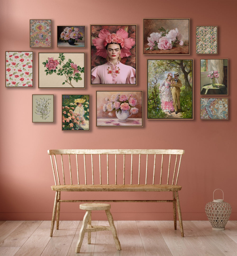 PINK COTTAGE GALLERY WALL showcases elegant framed prints, perfect for enhancing your gallery walls with charm.