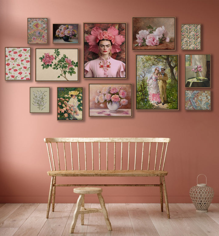 PINK COTTAGE GALLERY WALL showcases elegant framed prints, perfect for enhancing your gallery walls with charm.