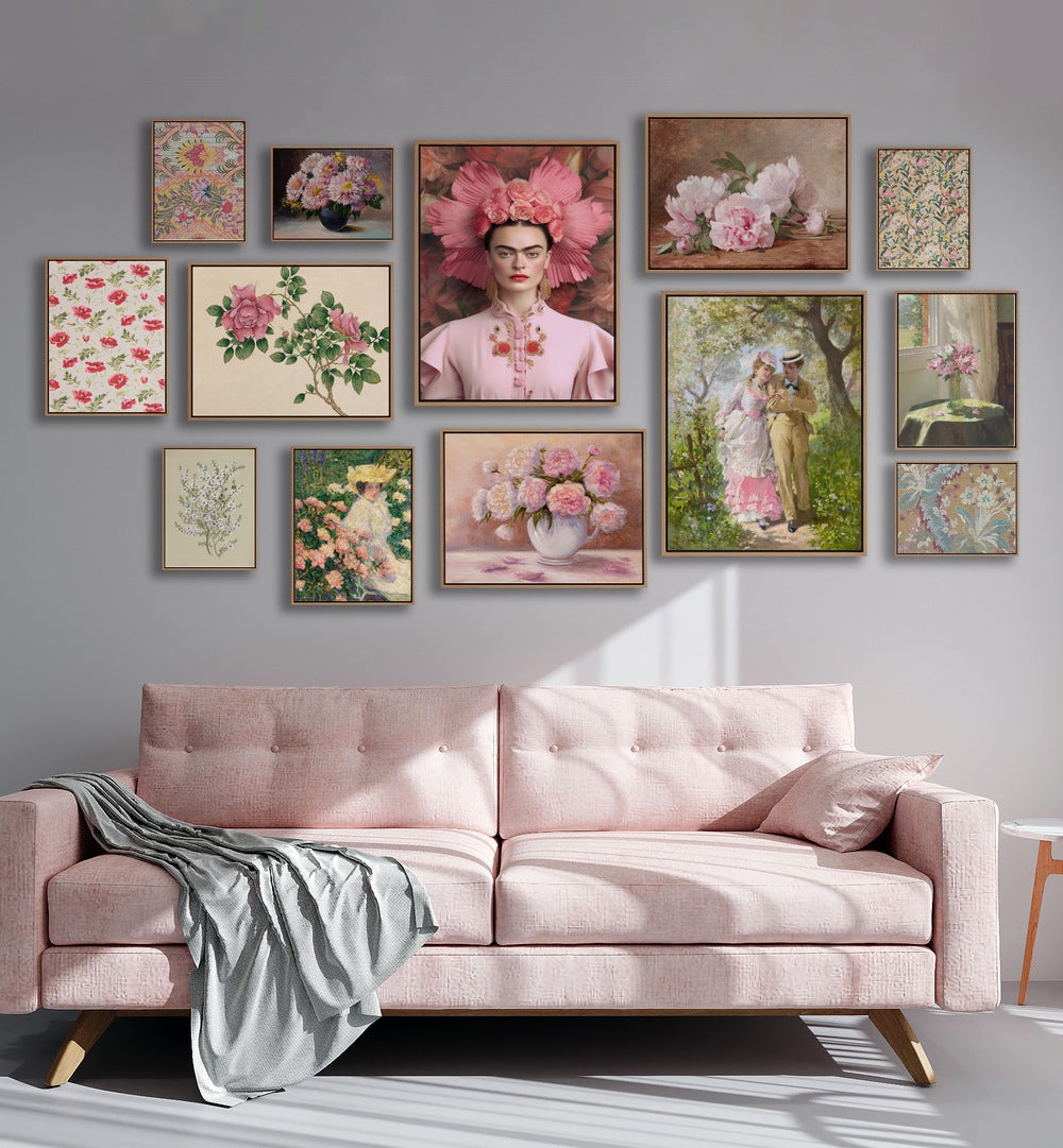 Lively PINK COTTAGE GALLERY WALL displaying charming framed prints, perfect for elegant GALLERY WALLS in any space.