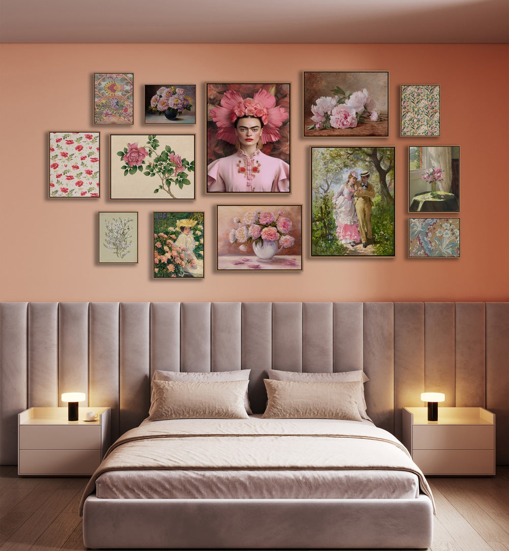 Charming PINK COTTAGE GALLERY WALL decor featuring elegant framed prints, perfect for stylish GALLERY WALLS.