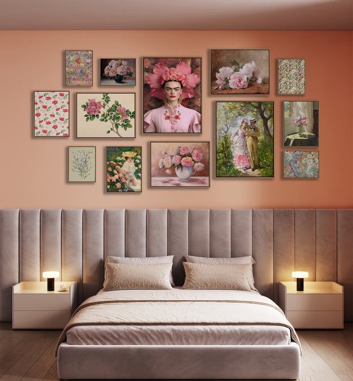Charming PINK COTTAGE GALLERY WALL decor featuring elegant framed prints, perfect for stylish GALLERY WALLS.