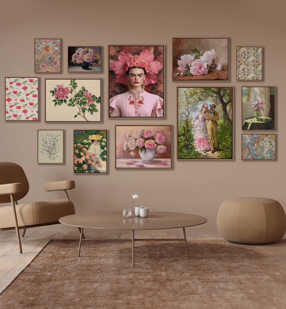 Elegant PINK COTTAGE GALLERY WALL featuring charming framed prints, perfect for stylish GALLERY WALLS in any space.