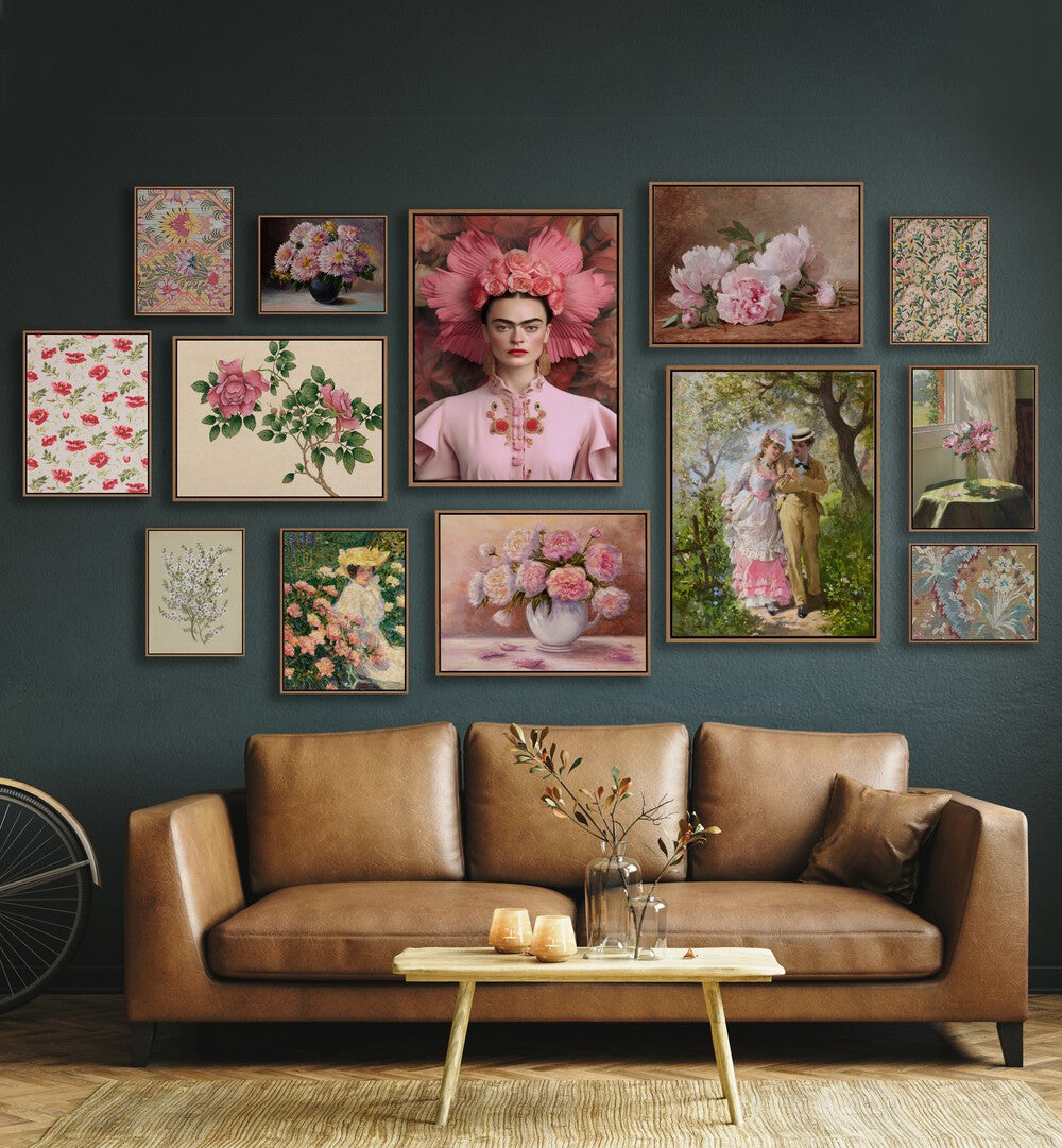 Elegant PINK COTTAGE GALLERY WALL displays framed art, enhancing your space with charm and beauty. Perfect for GALLERY WALLS.