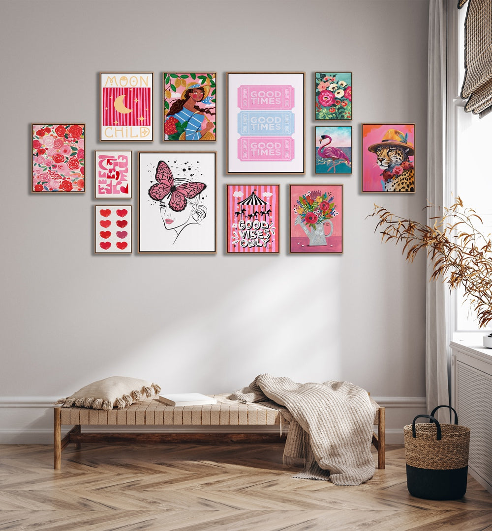 Vibrant PINK KIDS ROOM GALLERY WALL featuring playful art prints, perfect for fun, colorful kids' spaces.