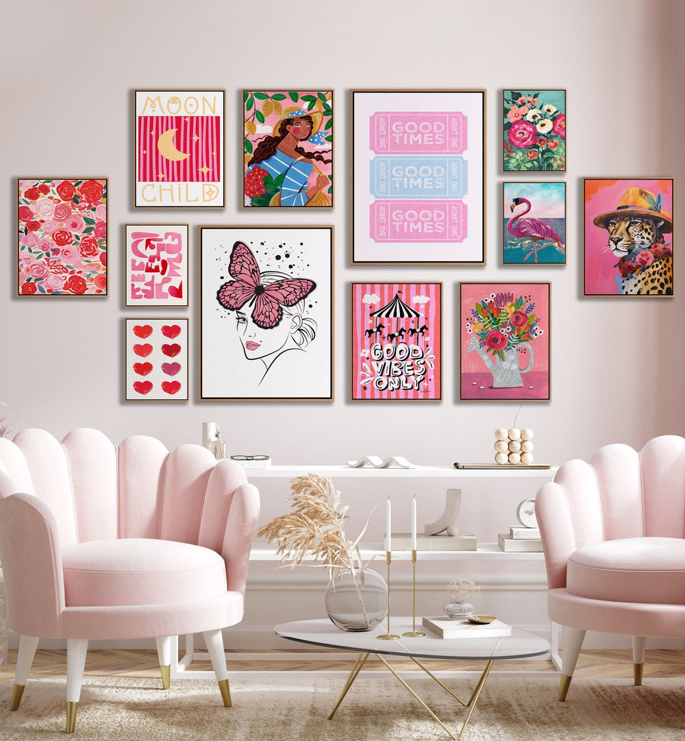 Vibrant PINK KIDS ROOM GALLERY WALL featuring playful art prints, perfect for adding charm to any child's space.