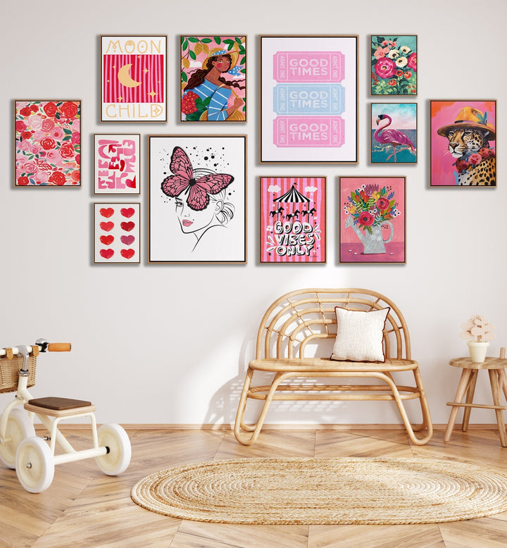 Colorful PINK KIDS ROOM GALLERY WALL showcasing vibrant art prints, perfect for playful and cheerful kids' spaces.