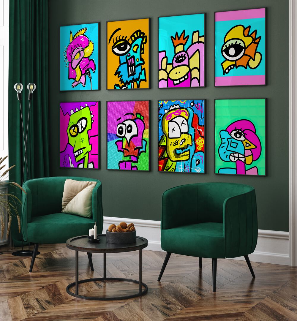 Vibrant POP ICONS SET GALLERY WALL, GALLERY WALLS showcasing vintage-inspired art, perfect for modern home decor.