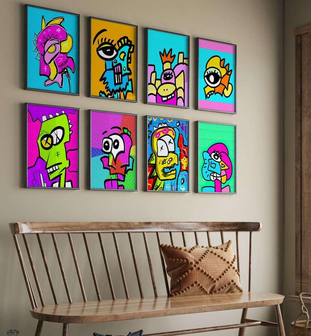 Vibrant POP ICONS SET GALLERY WALL, GALLERY WALLS showcases framed prints celebrating pop culture art.