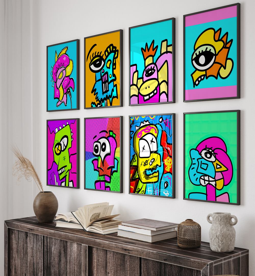 Vibrant Pop Icons Set Gallery Wall showcasing colorful framed prints for stylish gallery walls in your home.