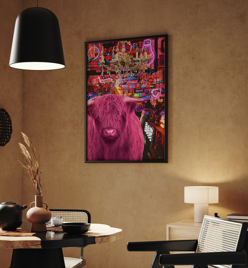Vibrant pink cow artwork enhances modern decor in a POP ART GALLERY WALL, perfect for stylish GALLERY WALLS.
