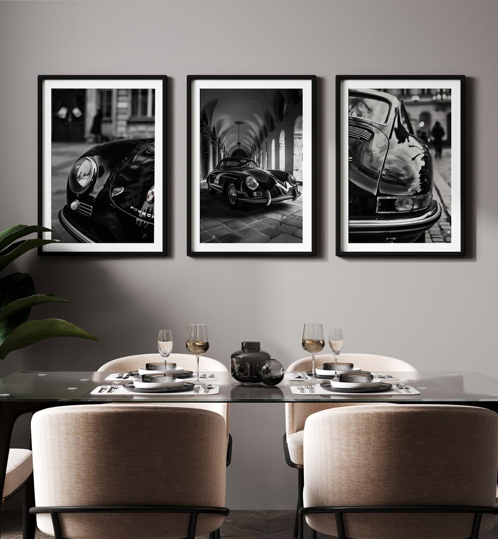 Elegant PORSCHE SET, SET OF 3 PAINTINGS from Asianmonk, featuring striking black and white Porsche photography.