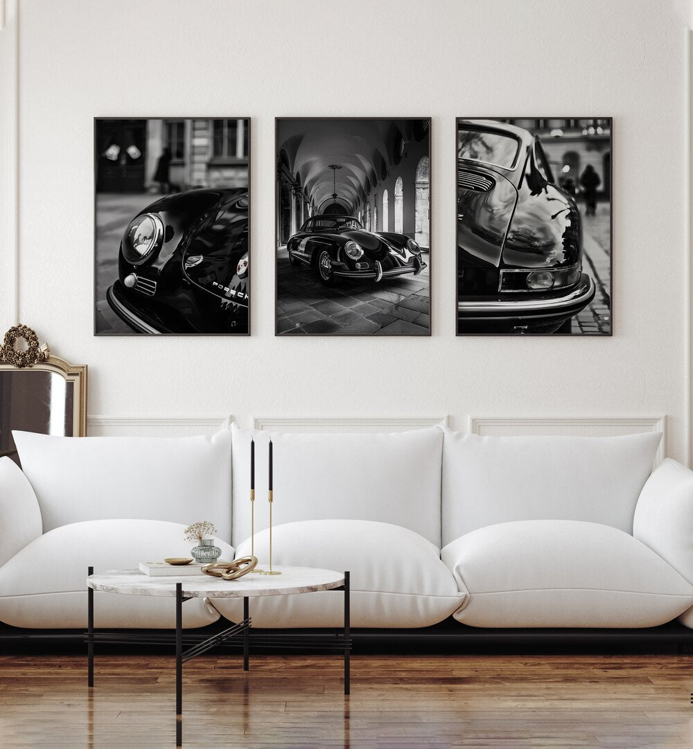 Stunning PORSCHE SET, SET OF 3 PAINTINGS in black and white, perfect for transforming your space from Asianmonk.