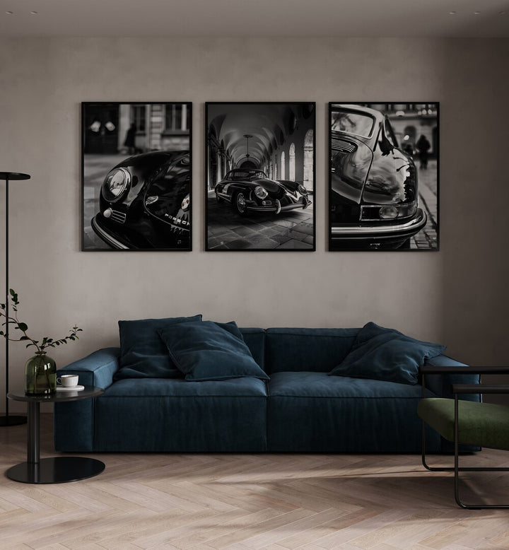 Stunning PORSCHE SET, SET OF 3 PAINTINGS by Asianmonk, showcasing iconic cars in elegant black and white photography.