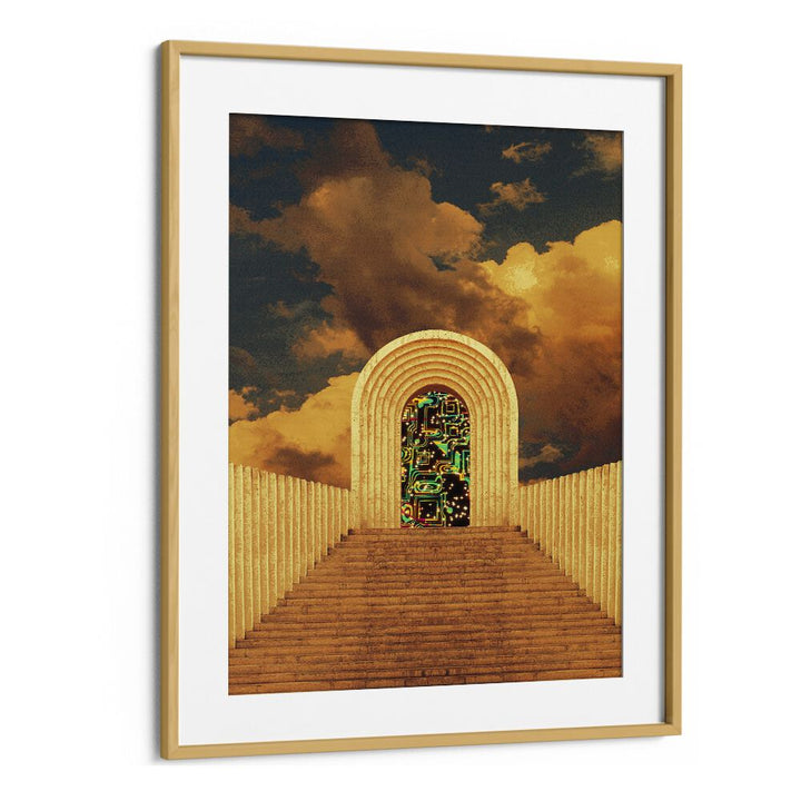 Stunning "Portal" by Cosmo Zach in an oak frame, showcasing captivating surreal art prints for an enchanting space.