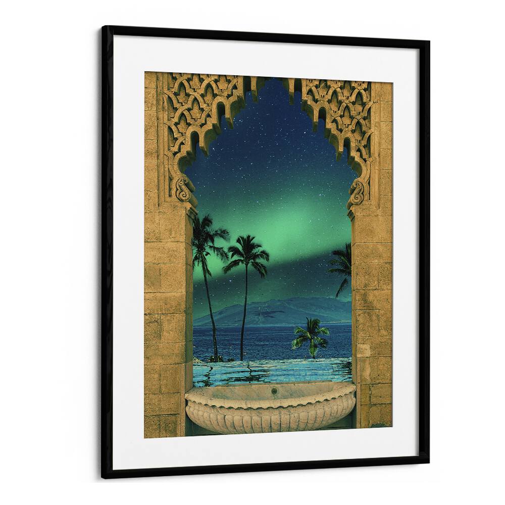 Portal In To The Night, Surreal Art Prints by Cosmo Zach features a stunning view of stars and palm trees.