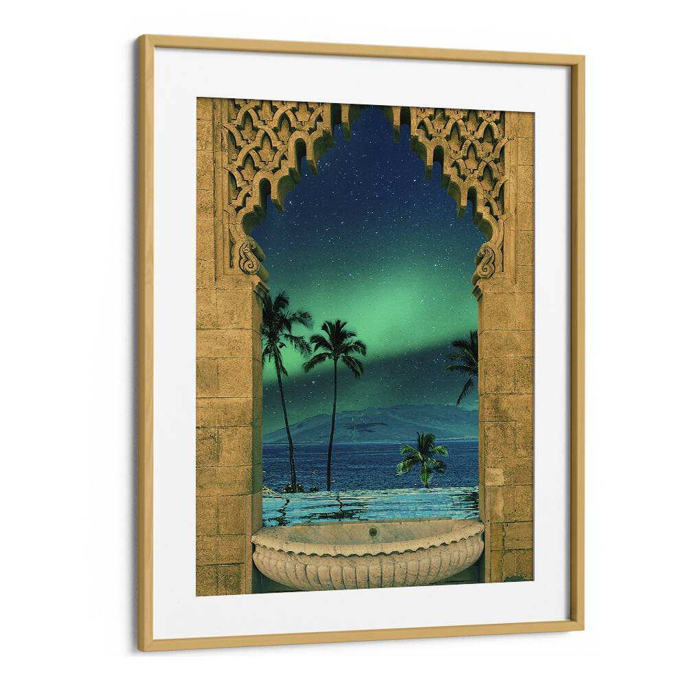 "PORTAL IN TO THE NIGHT, SURREAL ART PRINTS by Cosmo Zach features a breathtaking view with a starry sky and palm trees."