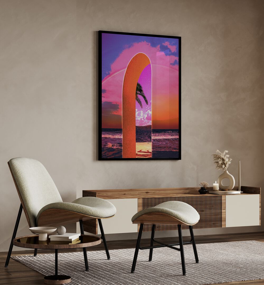 Portal Vaporwave By Cosmo Zach Surreal Art Prints Surrealism in Black Plain Frame placed on a wall behind a console table