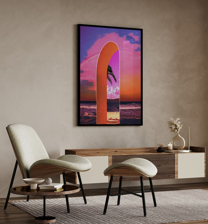 Portal Vaporwave By Cosmo Zach Surreal Art Prints Surrealism in Black Plain Frame placed on a wall behind a console table