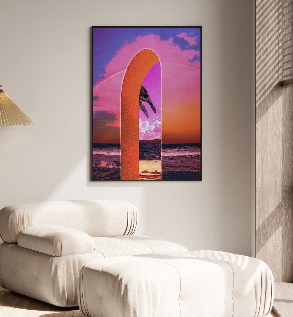 Portal Vaporwave By Cosmo Zach Surreal Art Prints Surrealism in Black Plain Frame placed on a wall behind a sofa
