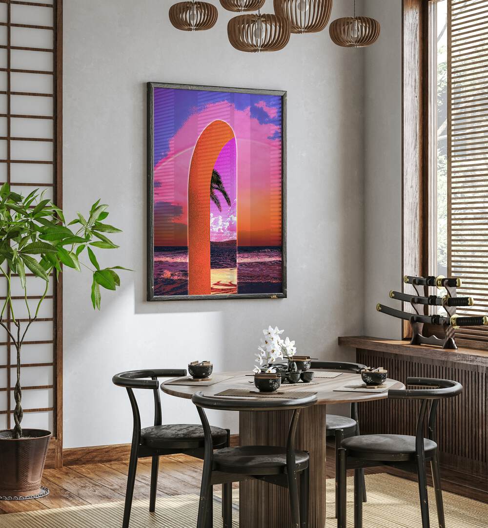 Portal Vaporwave By Cosmo Zach Surreal Art Prints Surrealism in Black Plain Frame on wall behind a dining table