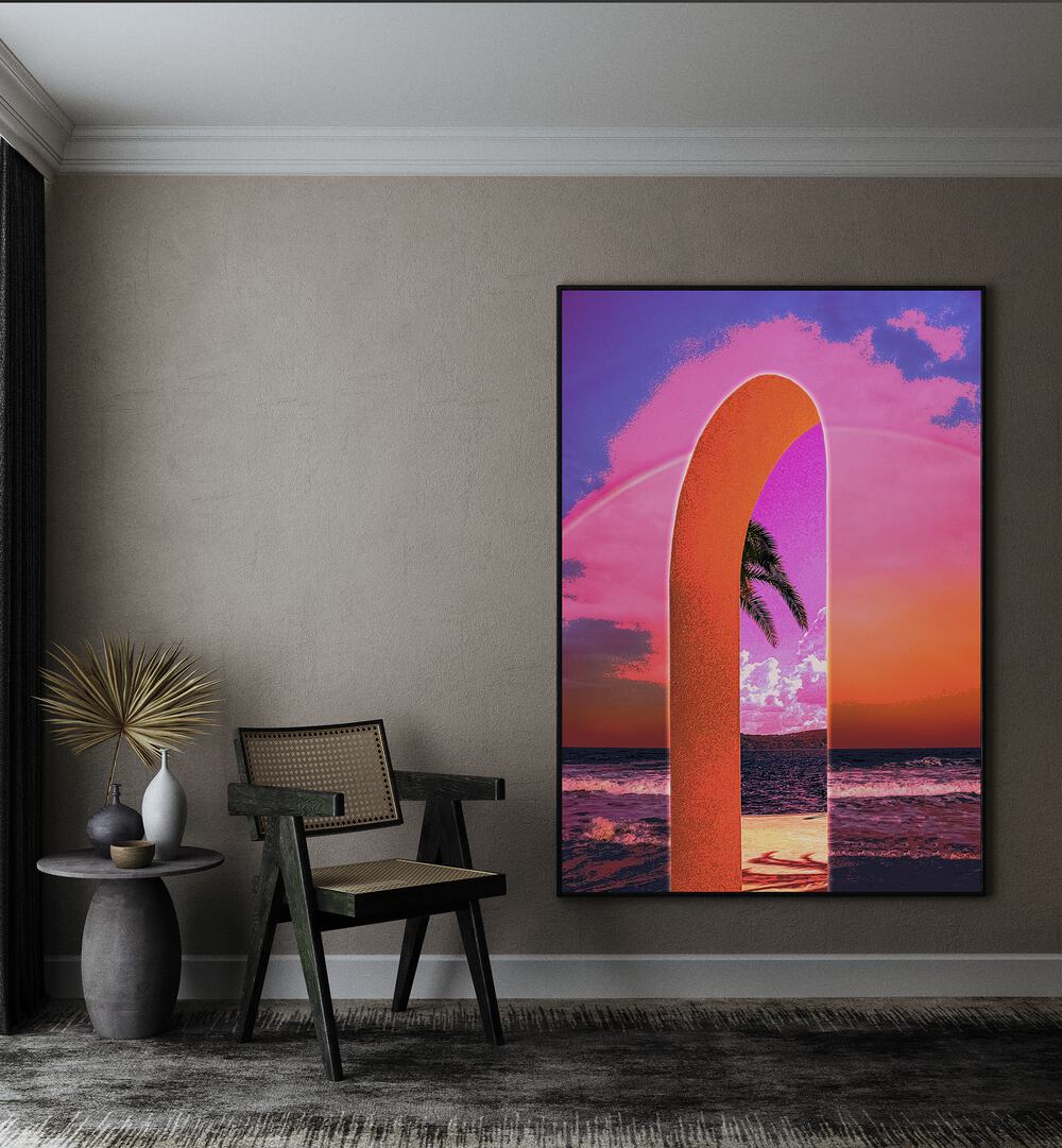 Portal Vaporwave By Cosmo Zach Surreal Art Prints Surrealism in Black Plain Frame placed on a wall beside a chair