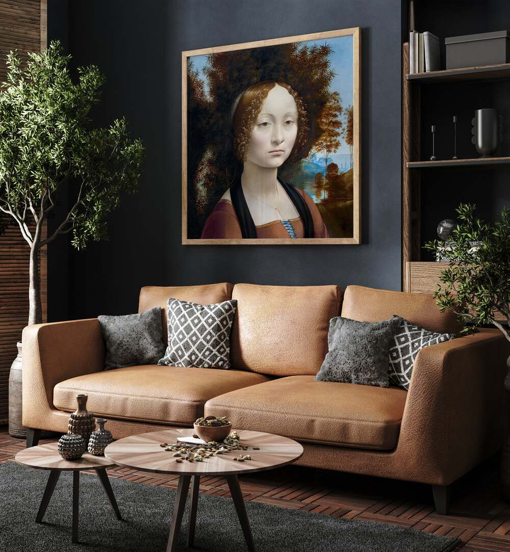 Portrait Of Ginevra De Benci Ca.1474-1478 Vintage Paintings in Oak Wood Plain Frame placed on a wall behind an orange sofa for living room