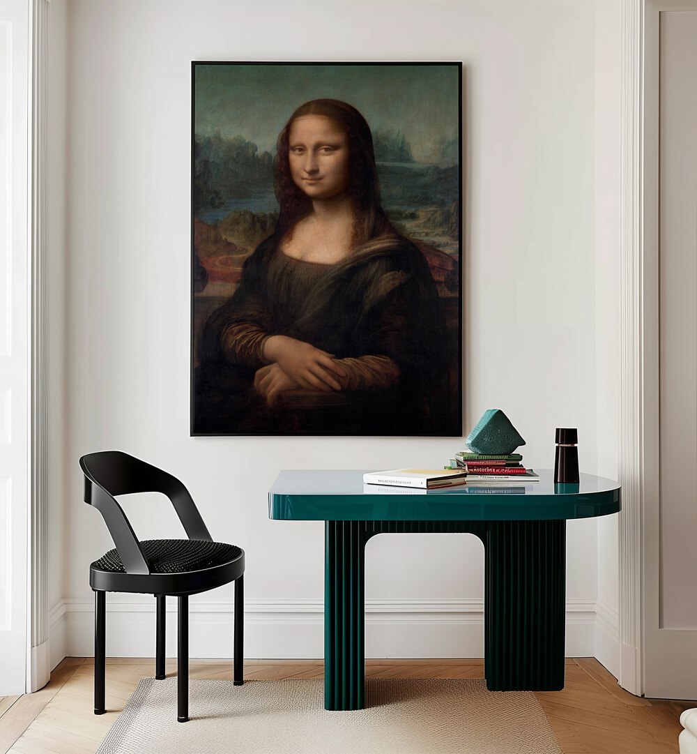 Portrait Of Mona Lissa Vintage Paintings in Black Plain Frame placed on a white wall behind a study table