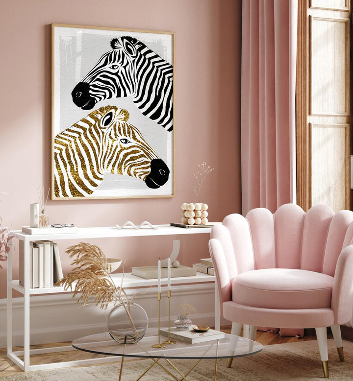 Stylish living room featuring PRETTY ZEBRAS, FASHION POSTERS by Martina, adding elegance and creativity to decor.