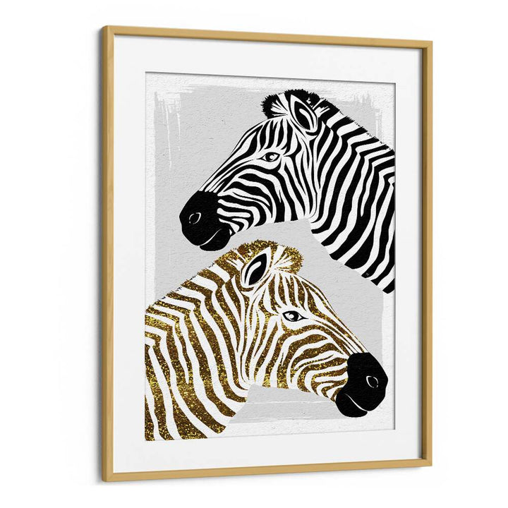 Pretty Zebras, fashion posters by Martina, enhance your decor with stylish black and gold zebra art in an oak frame.