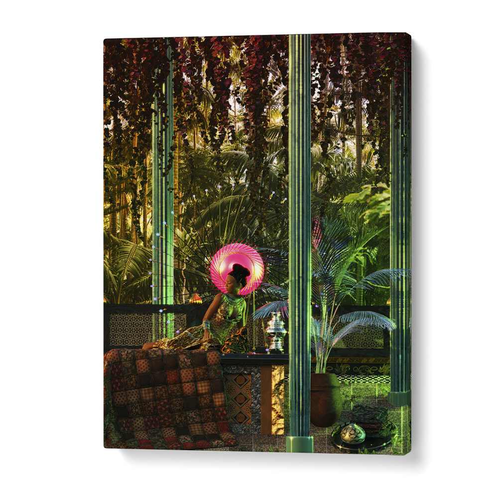 Surreal art print "PRINCESS IN A FOREST" by Cosmo Zach showcases a dreamlike scene filled with vibrant colors.
