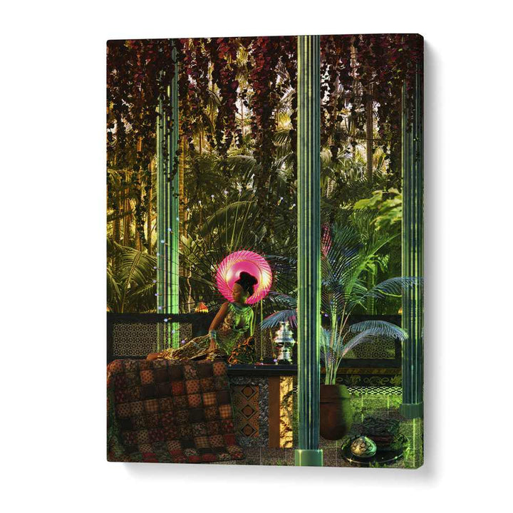 Surreal art print "PRINCESS IN A FOREST" by Cosmo Zach showcases a dreamlike scene filled with vibrant colors.