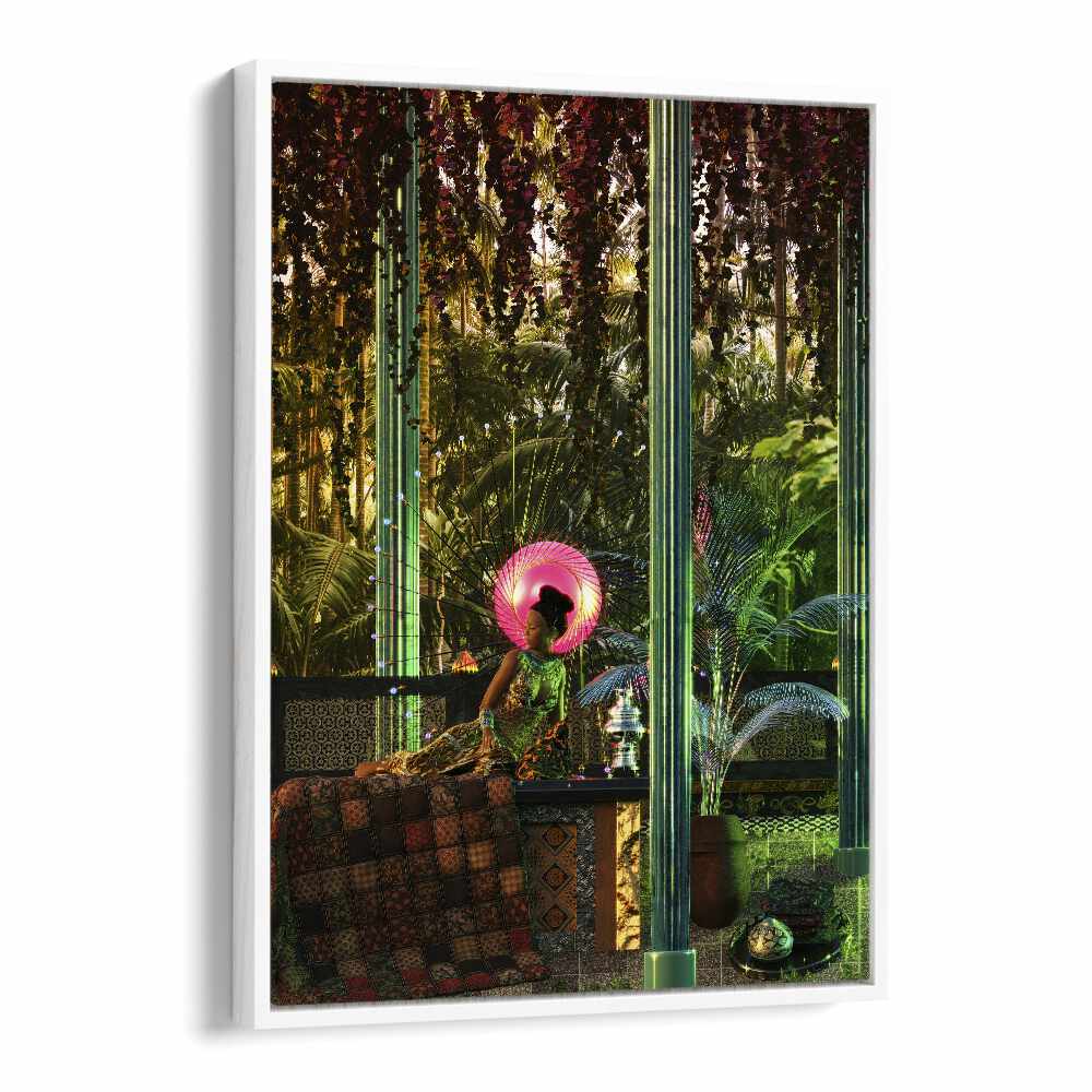 Surreal art prints featuring a princess in a lush forest, by Cosmo Zach, evoke dreamlike enchantment.