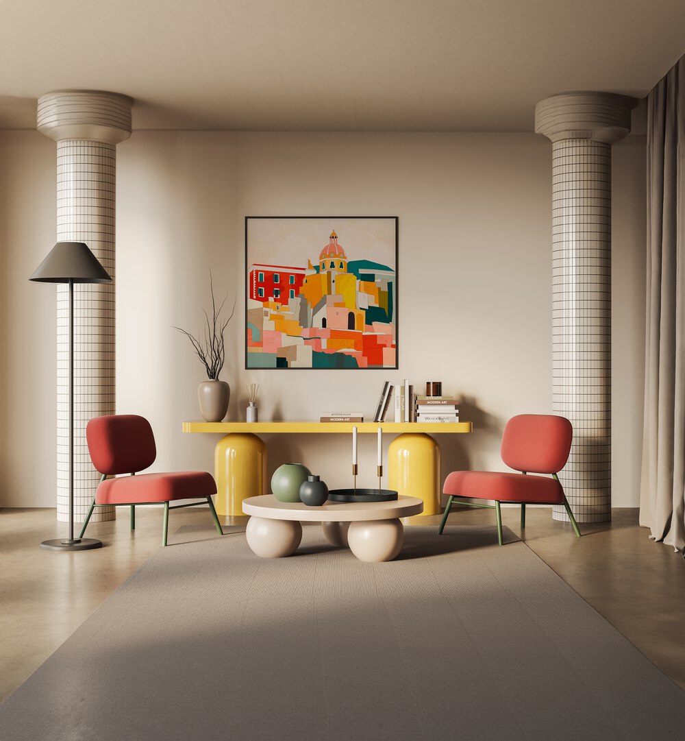Bright living space featuring PROCIDA ITALY KOPIE, LANDSCAPE PAINTINGS by Ana Rut Bre, enhancing home decor with Italian charm.