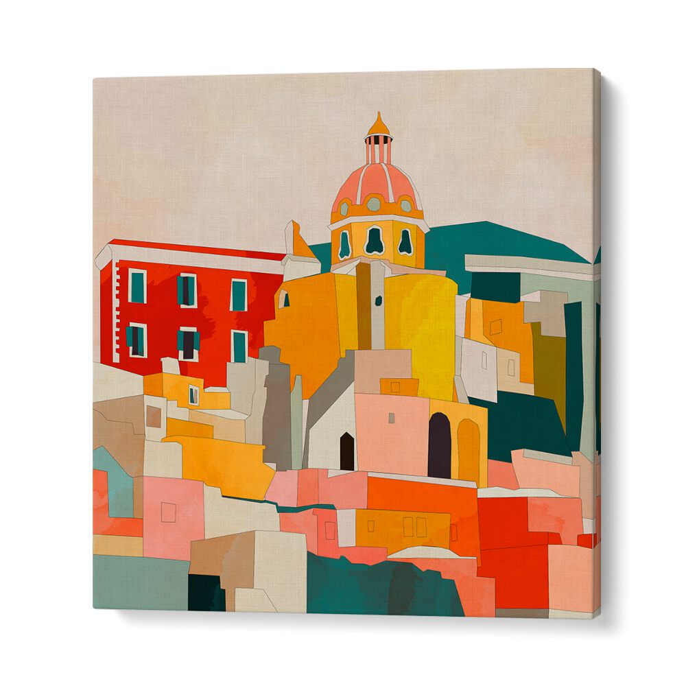 Colorful abstract depiction of Procida, Italy, featured in PROCIDA ITALY KOPIE, LANDSCAPE PAINTINGS by Ana Rut Bre.