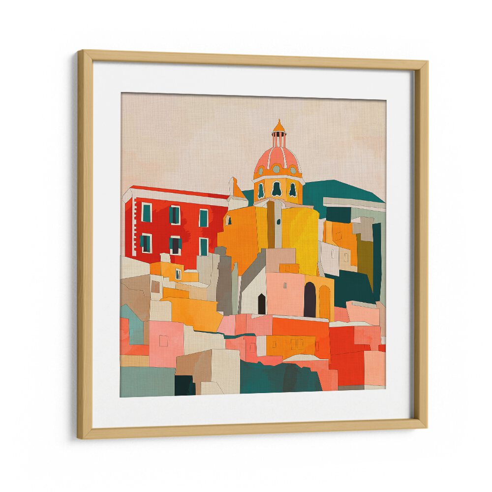 Vibrant PROCIDA ITALY KOPIE, LANDSCAPE PAINTINGS by Ana Rut Bre, showcasing colorful Italian architecture in a frame.