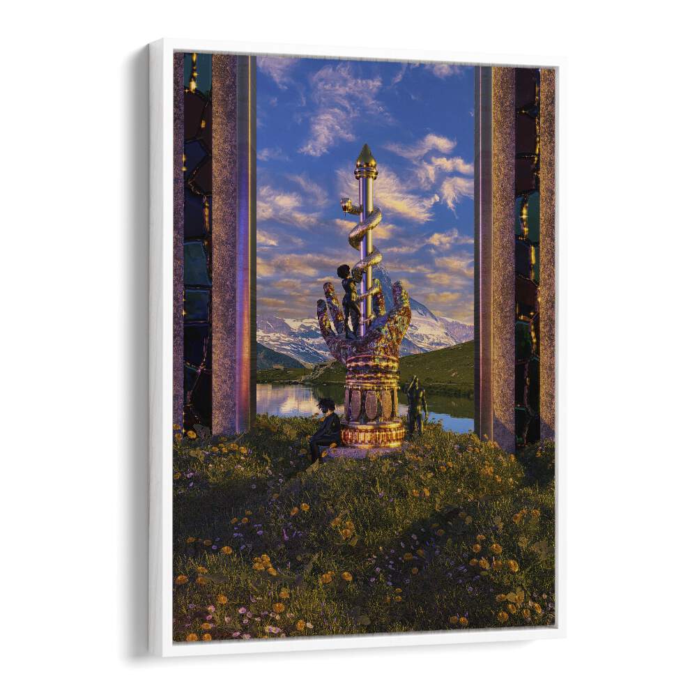 Experience the dreamlike landscape of PROTECTION II, SURREAL ART PRINTS by Cosmo Zach, featuring a mystical hand sculpture.