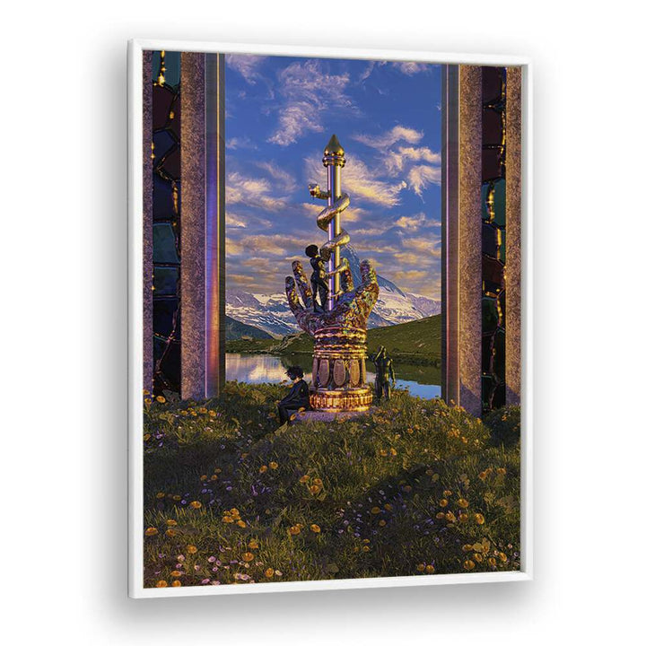 Captivating "PROTECTION II, SURREAL ART PRINTS" by Cosmo Zach showcases surreal landscapes in a stunning framed display.