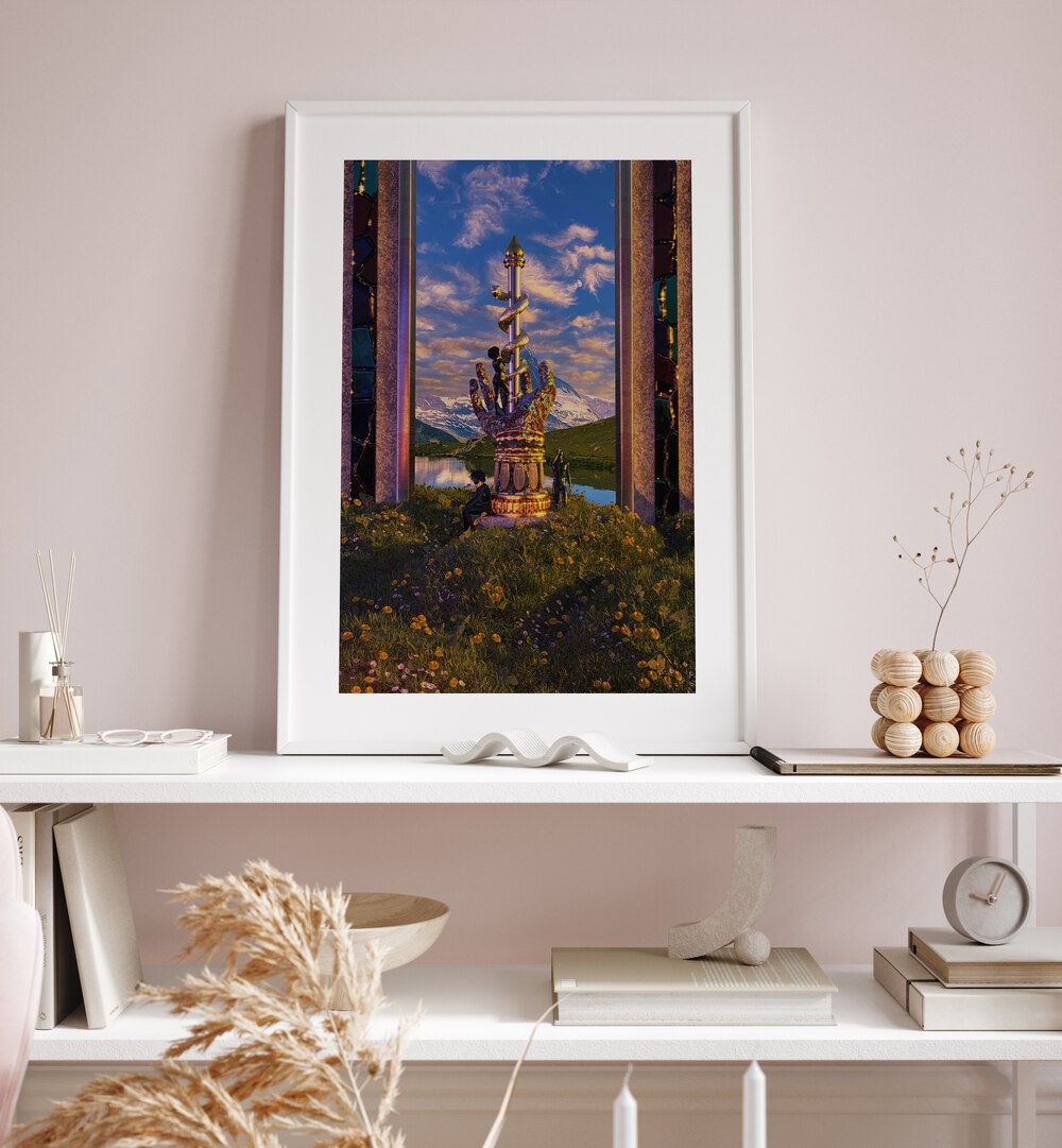 Stylish display of PROTECTION II, SURREAL ART PRINTS by Cosmo Zach, showcasing surreal landscapes and vibrant colors.