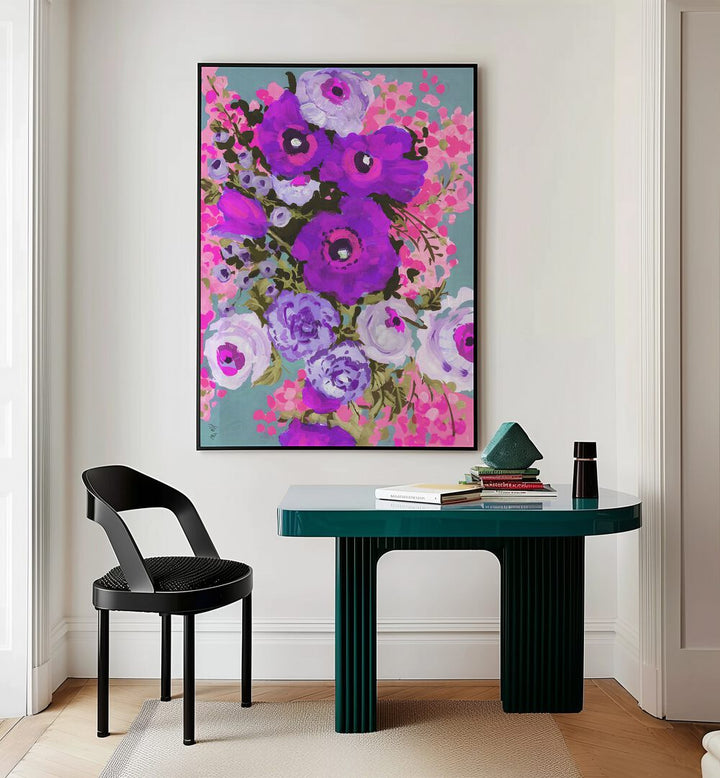 Purple And Rose Pink Bouquet By Ania Zwara Botanical Art Prints Floral Paintings in Black Plain Frame placed on a Cream Colored Wall near a Table in a Workspace in the Drawing Room