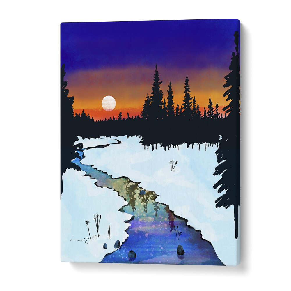 Stunning PURPLE MIDNIGHT landscape painting by Uma Gokhale showcases a serene winter scene with vibrant colors.