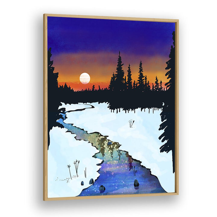 Vibrant "PURPLE MIDNIGHT, LANDSCAPE PAINTINGS" by Uma Gokhale, framed in oak, captures serene twilight beauty.