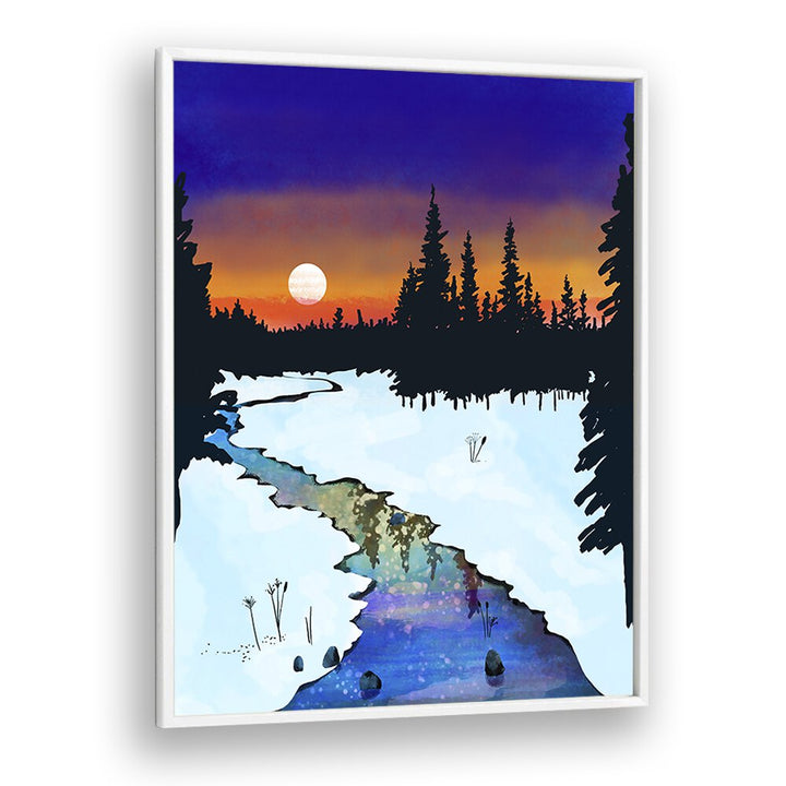 Stunning PURPLE MIDNIGHT, LANDSCAPE PAINTINGS by Uma Gokhale, featuring a serene river and vibrant sunset hues.