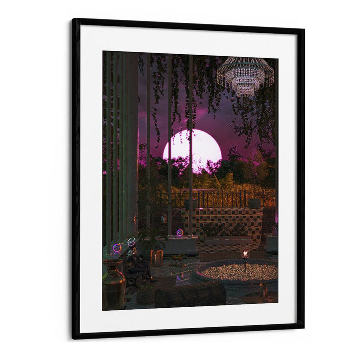 Surreal art print "PURPLE MOON PALACE" by Cosmo Zach in a stylish black frame, perfect for elevating your space.