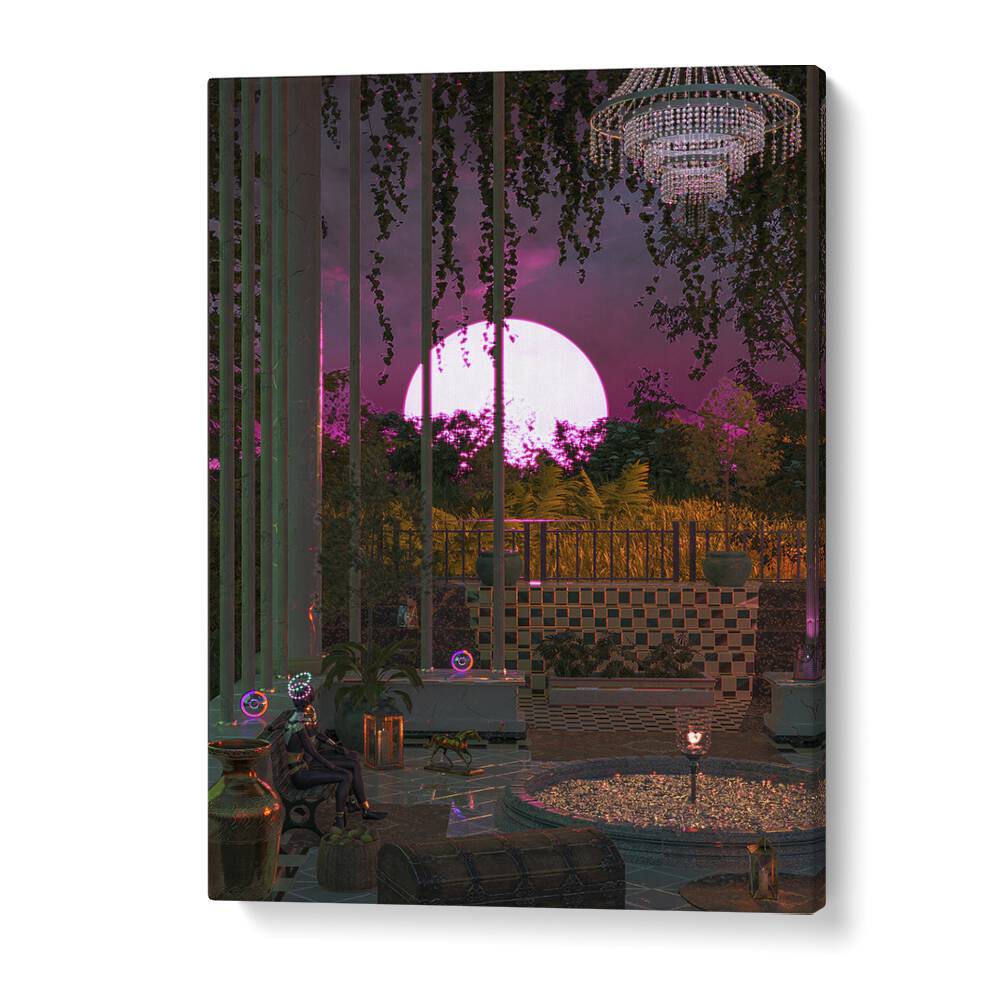 Surreal art print "PURPLE MOON PALACE" by Cosmo Zach transforms spaces with its captivating design and vibrant colors.