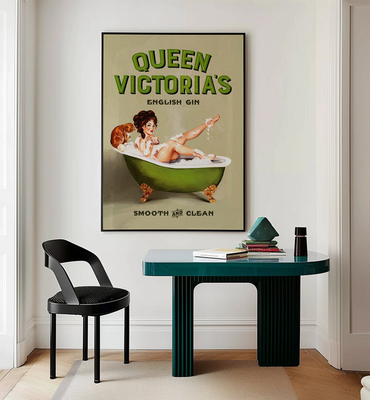 Captivating QUEEN VICTORIA, PORTRAITS artwork featuring a vintage pinup girl in a luxurious gin bath setting.