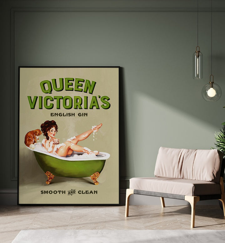 Charming QUEEN VICTORIA, PORTRAITS illustration featuring a vintage pinup girl in a gin bath, perfect for decor.