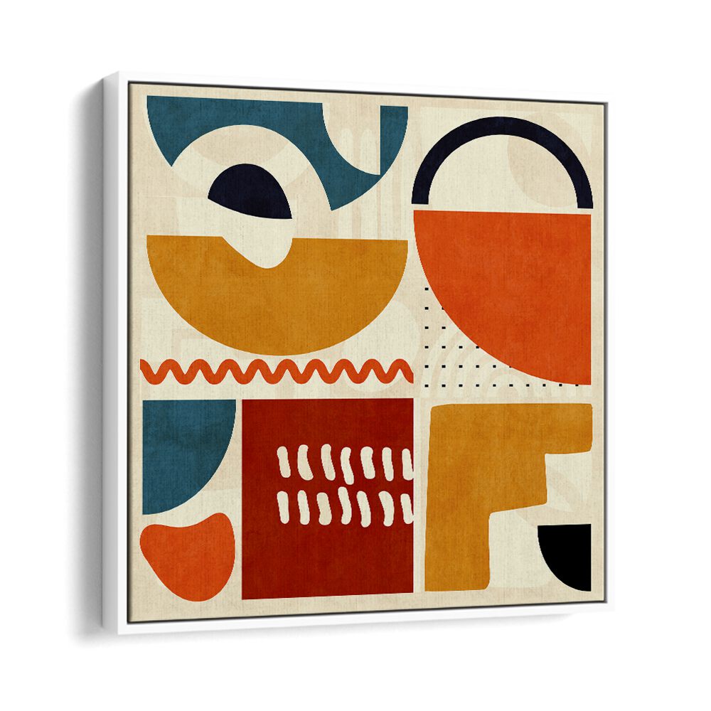 Quadrate Bunt I, abstract paintings by Ana Rut Bre, featuring vibrant shapes and modern elegance in a floater frame.
