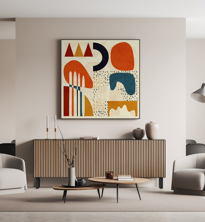 Stylish interior featuring QUADRATE BUNT II, ABSTRACT PAINTINGS by Ana Rut Bre, enhancing modern decor with vibrant art.